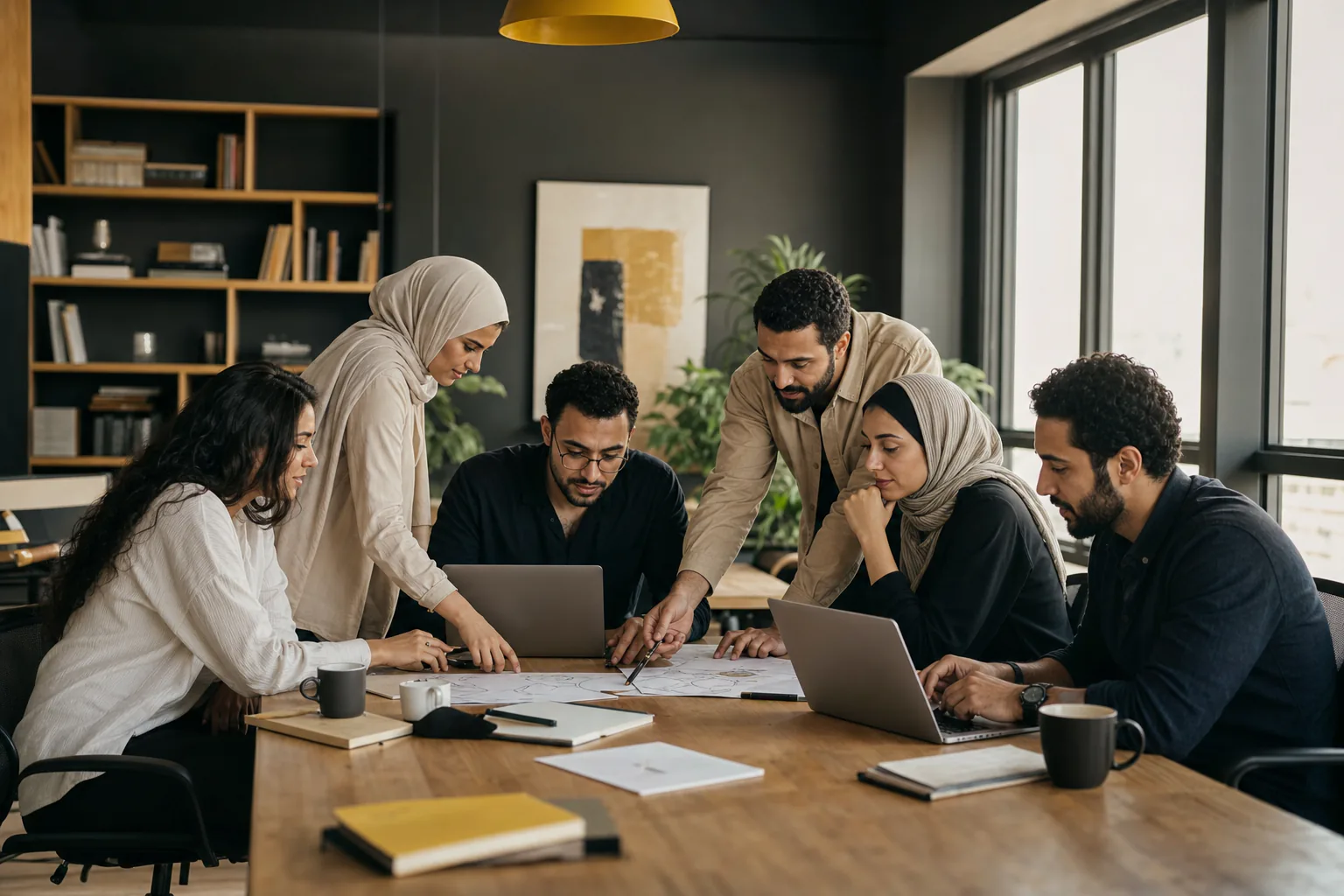 ستة من فريق BDC حول طاولة اجتماعات يراجعون مخططاً على ورق كبير وحاسوبين محمولين