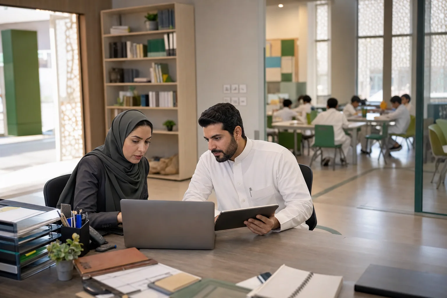 إدارية مدرسة ومعلم يراجعان سير العمل الرقمي داخل مدرسة سعودية حديثة