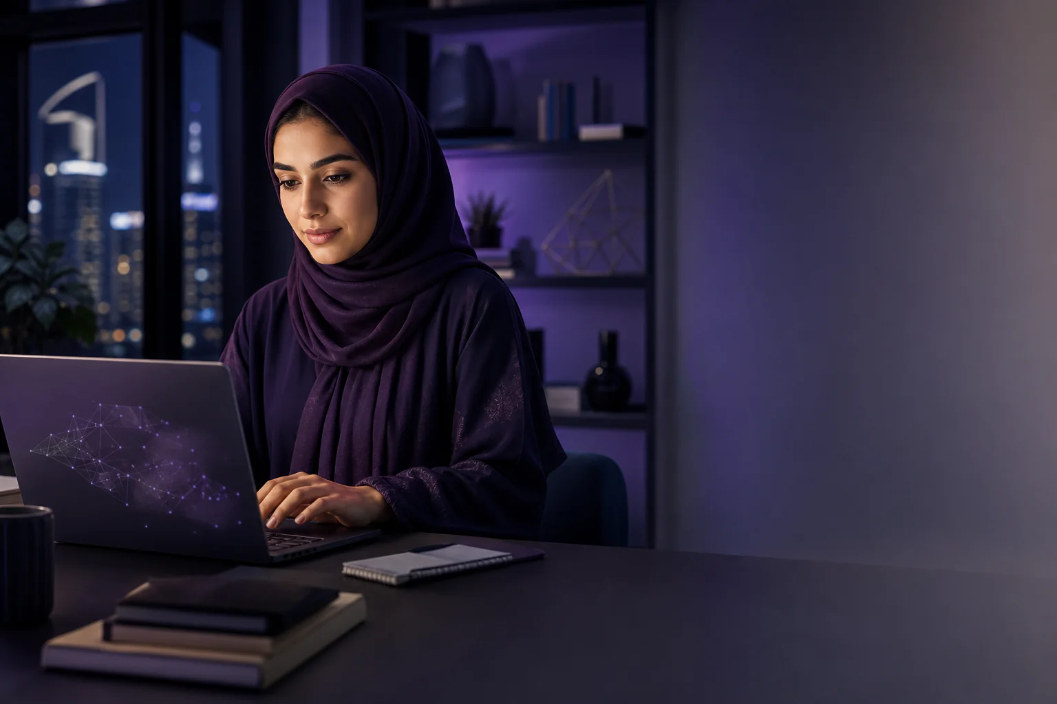 متعلّمة تستخدم الذكاء الاصطناعي في مساحة عمل بإضاءة بنفسجية